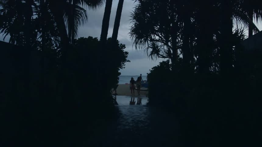 People are walking on a beach at dusk