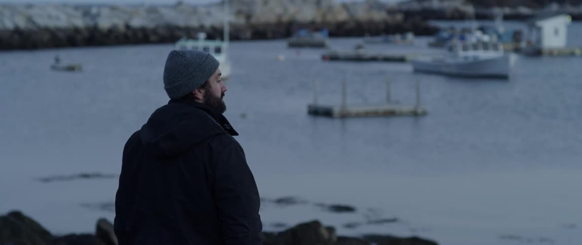 A man is standing on the shore of a harbor looking out at the boats