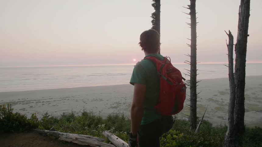 A man looks out over the beach at the sunset