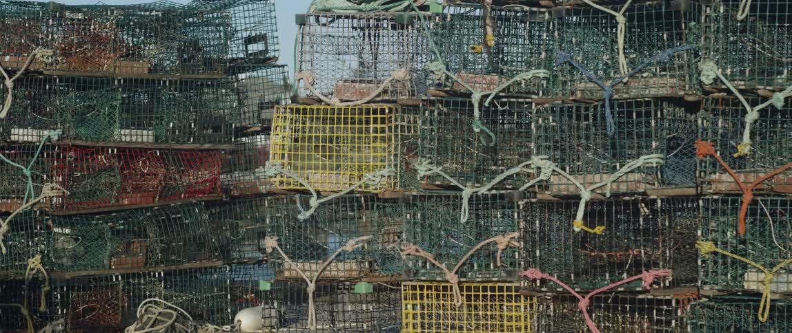 Crab pots stacked up outside on a sunny day