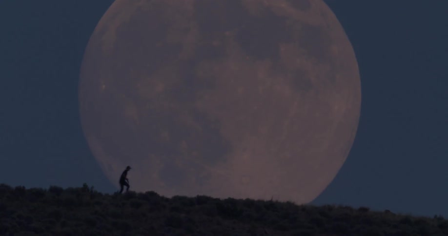 Person riding a skateboard on a hill with a huge moon behind