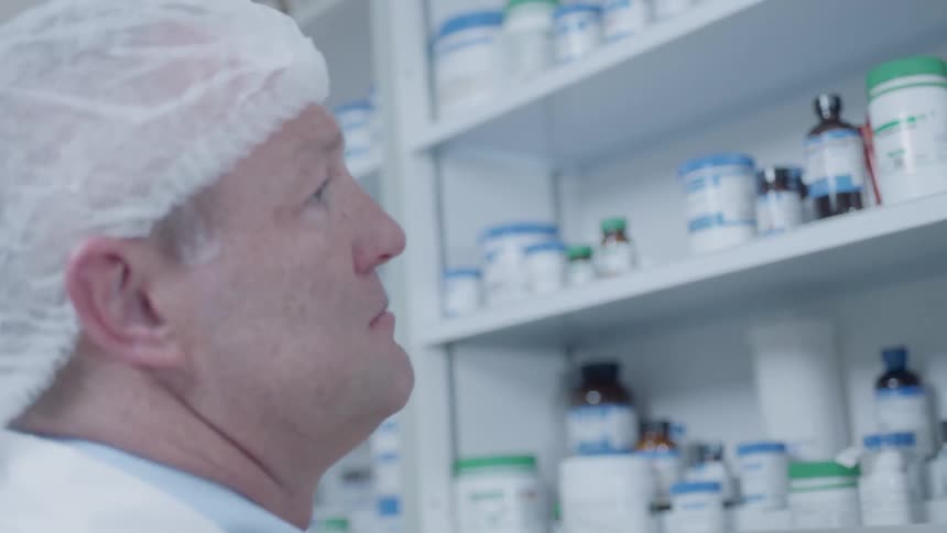 A scientist looks at bottles on a shelf