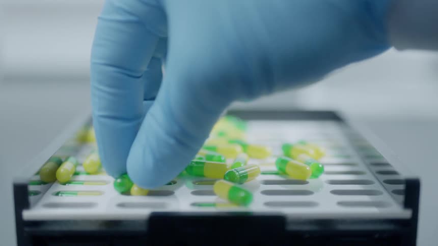 Pills are arranged on a tray in a lab