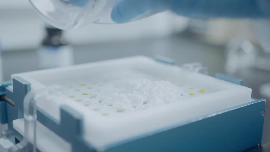 A medical technician packs pills using machinery