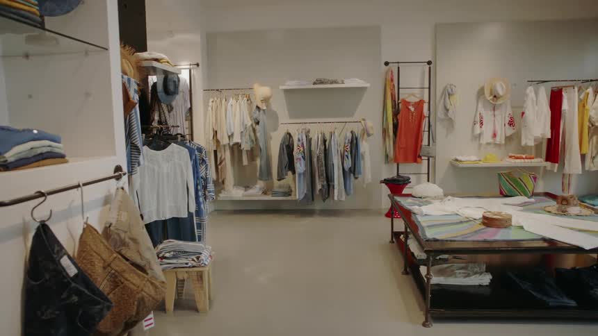 Inside of a clothing store in a city