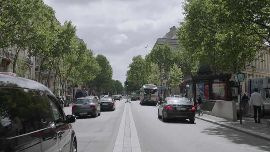 Cars driving down a tree and building lined city street
