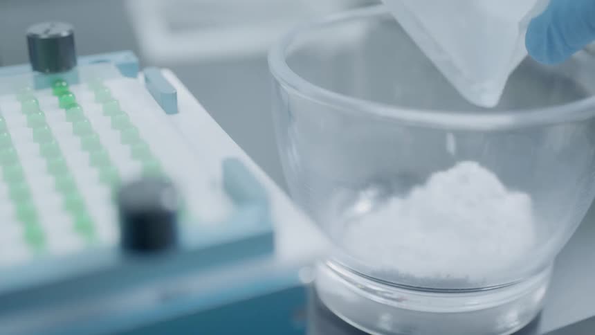 A scientist pours powder into a glass bowl
