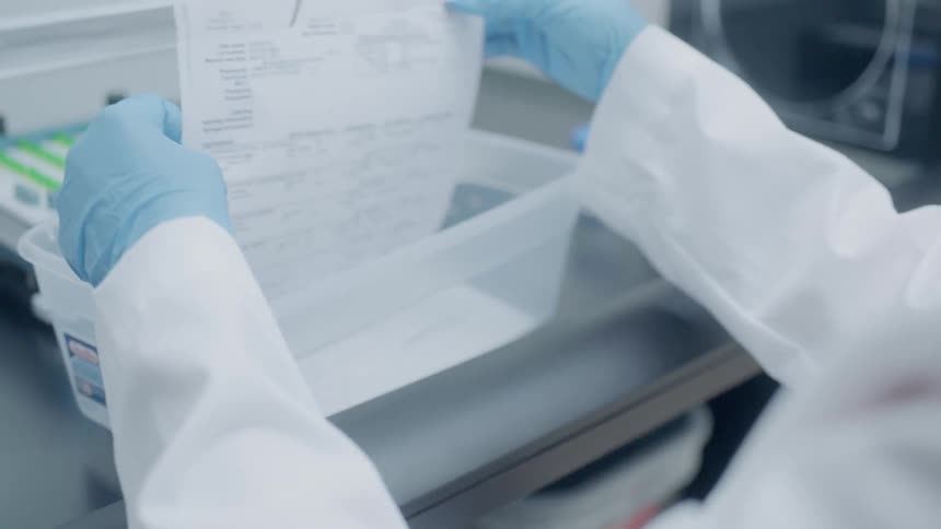 A scientist looks at documents in a lab