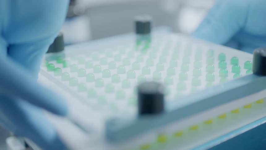 A scientist opens lab equipment with gloved hands
