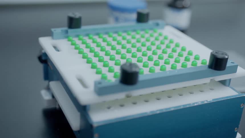 Pills sit in equipment in a lab