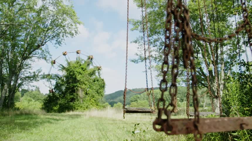 Rusty swings hang from rural trees