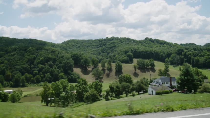 A green forest opens up to a meadow with a farmhouse in the middle of it
