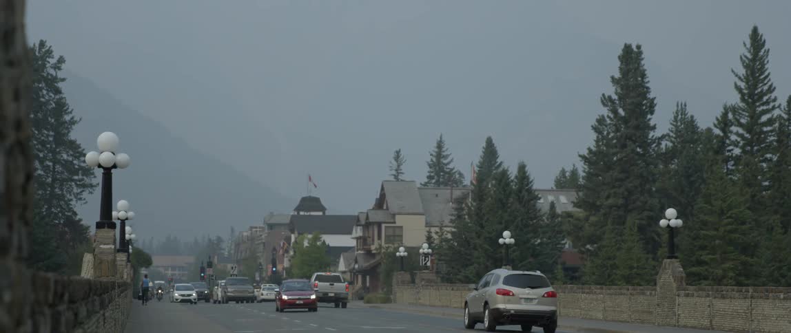 Cars drive on a town street
