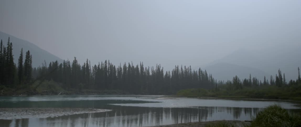Fog is lingering in a mountain valley with a river during the day