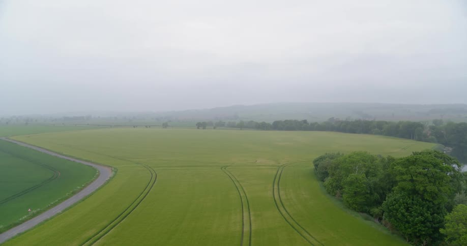 Vehicle tracks are stretching out in fields of grass on a cloudy day