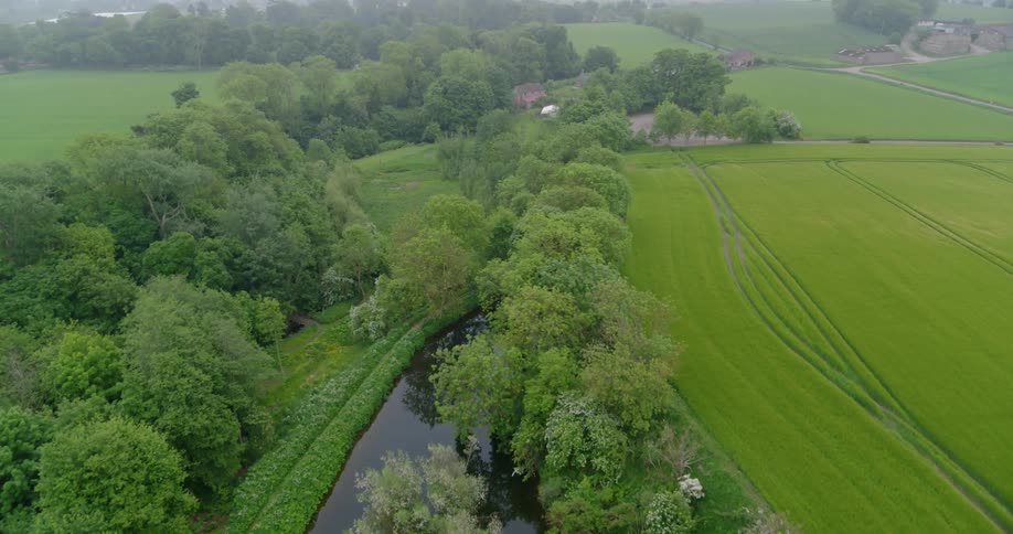 The streams run through the green fields with trees near the water