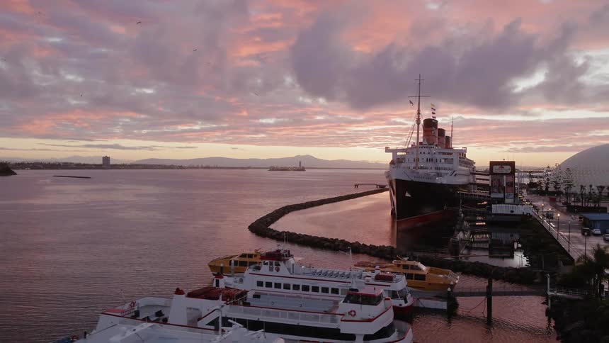 Birds fly over ships docked at the pier at sunset