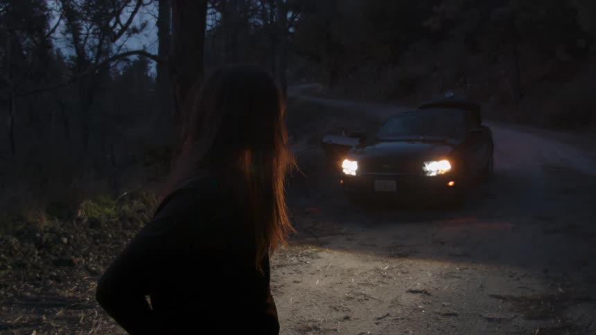 A woman stands on a dirt road by a parked car