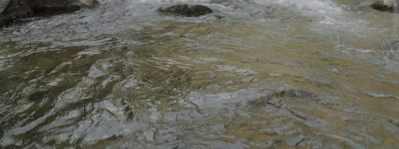 The water spins and splashes around the rocks