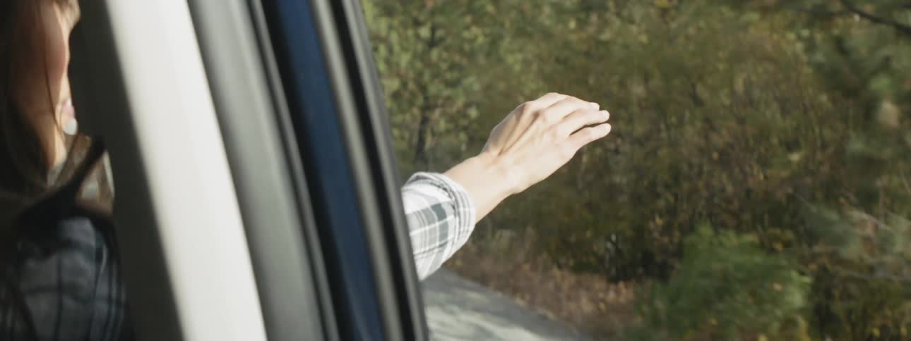 Passenger holds their arm out an open car window