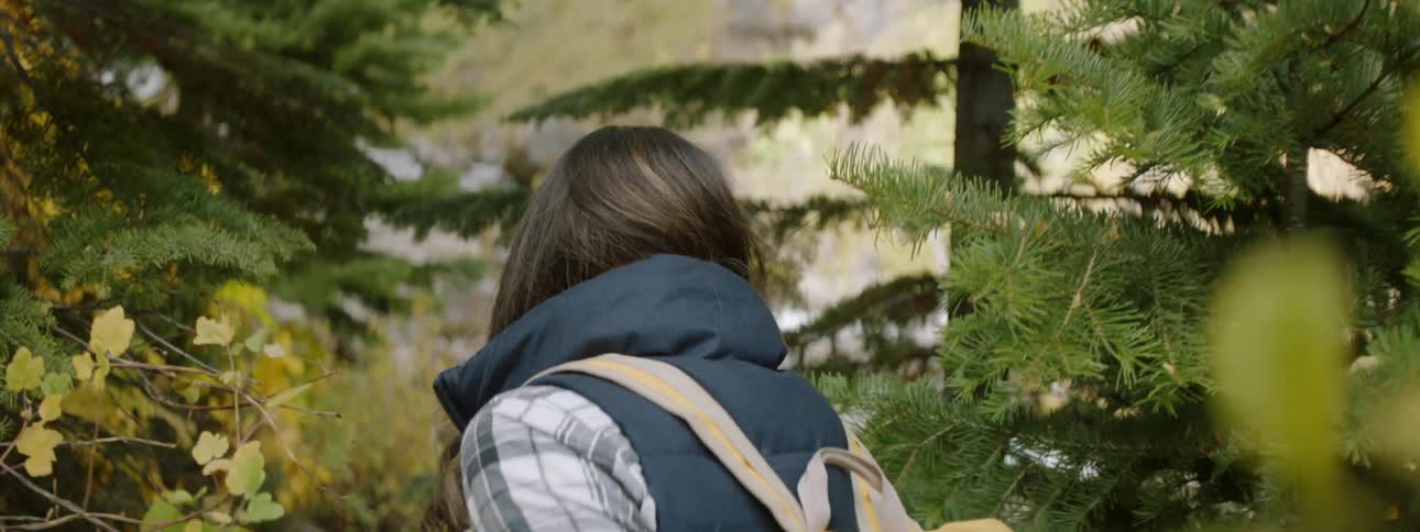 A woman hikes through the woods