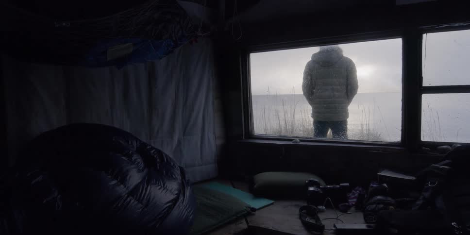 A man is standing outside a cabin looking at the horizon