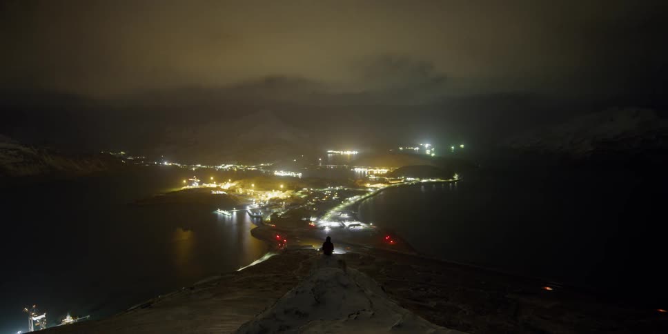 A person is standing on a ridge watching a city view at night