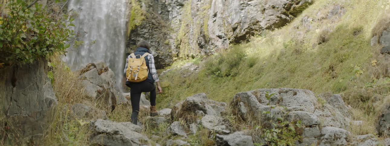 A woman with a yellow backpack is hiking towards a large waterfall