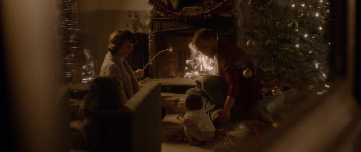 A family roasts marshmallows in the fireplace at christmas
