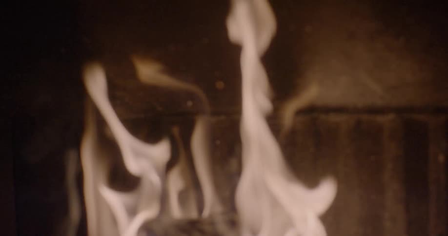 A fire burns in a fireplace