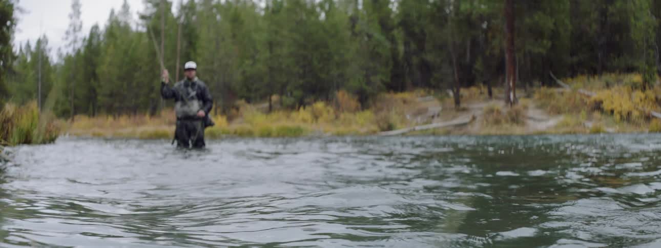 A man fishes in a forest river