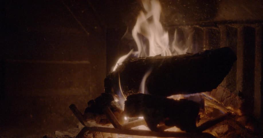 Logs burn in a fireplace
