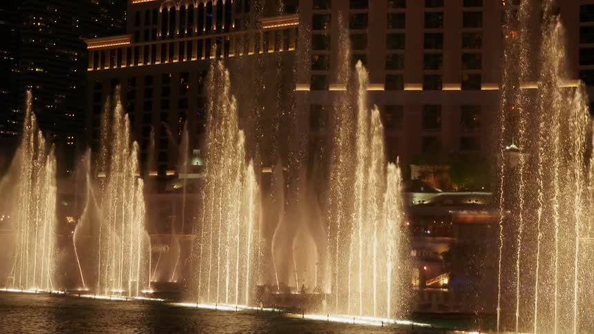 Water and lights display in a fountain in front of a casino