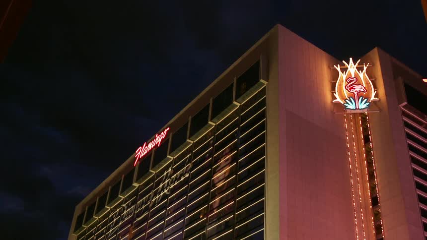 Tall hotel with neon lights on the outside lit up at night