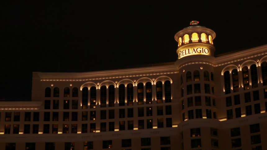 Lights glow on the bellagio hotel at night