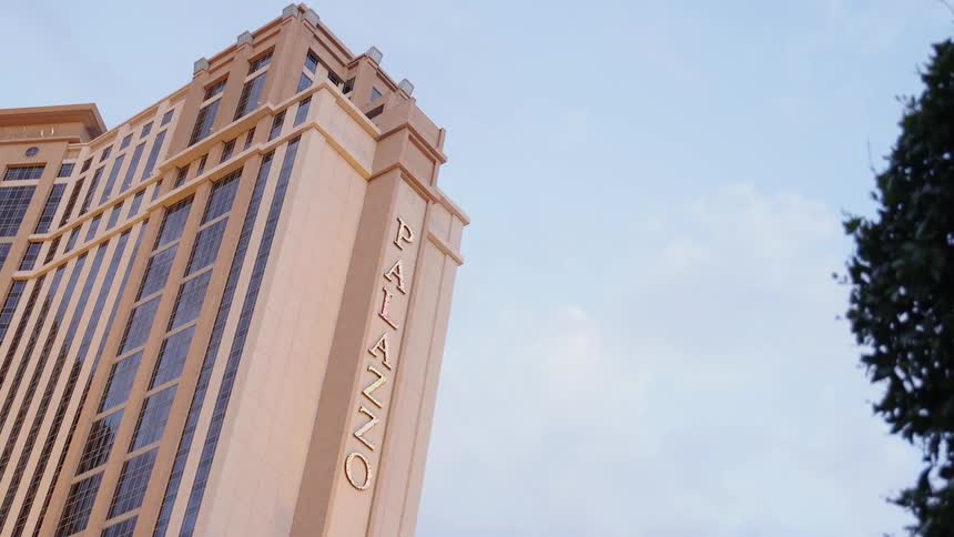 The palazzo hotel towers overhead