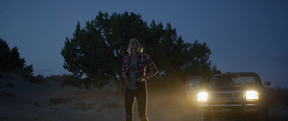 Woman gets out of a vehicle and walks in front of it as she looks into the clear dusk sky