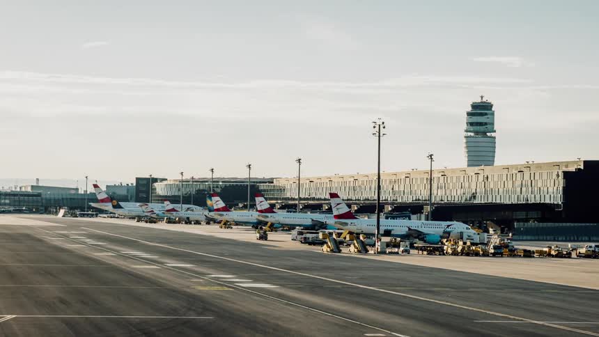 A busy airport on a sunny day