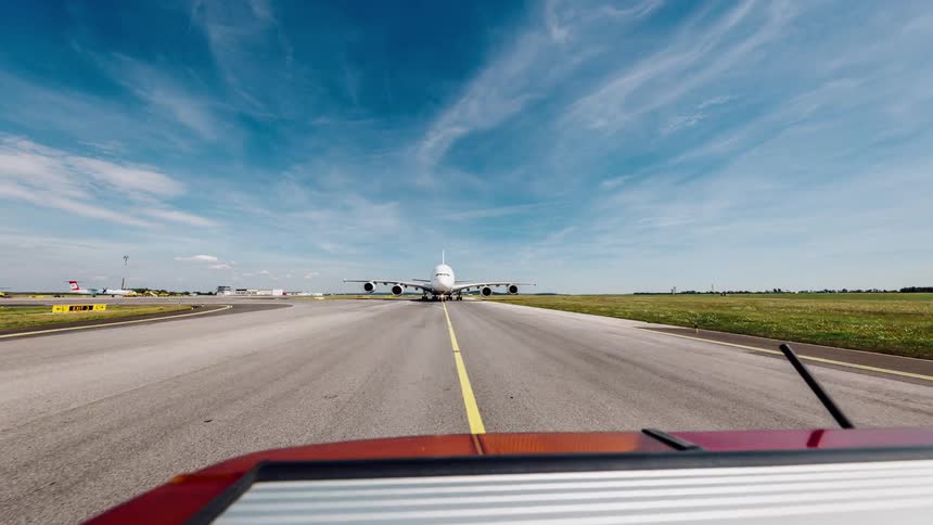 Airplane travels down the pavement getting ready to take off