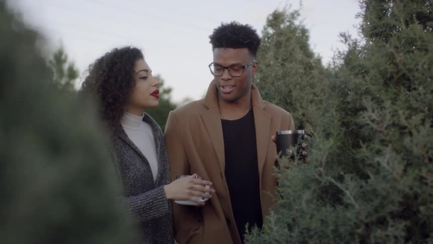 A man and woman converse while looking at christmas trees