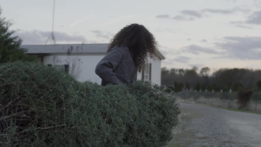 A woman is talking and laughing as she helps a man haul a christmas tree