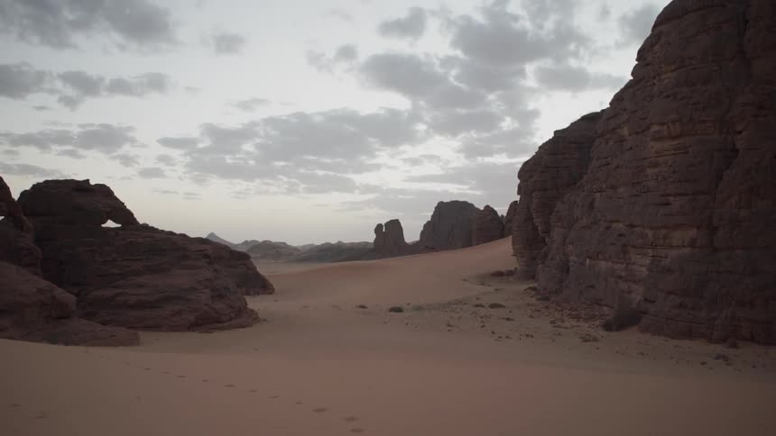 Rock formations cover the ground in the desert