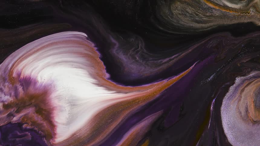 Orange and white expand and flow into the purple and gray