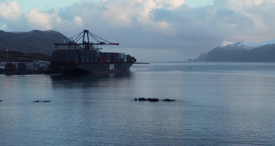A cargo ship is taking on cargo at a dock in a port in winter