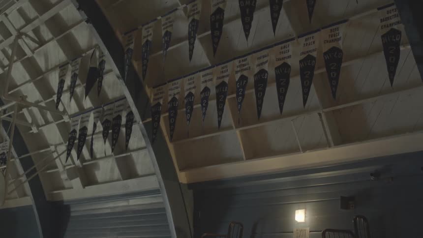 View of flags hanging off of a ceiling