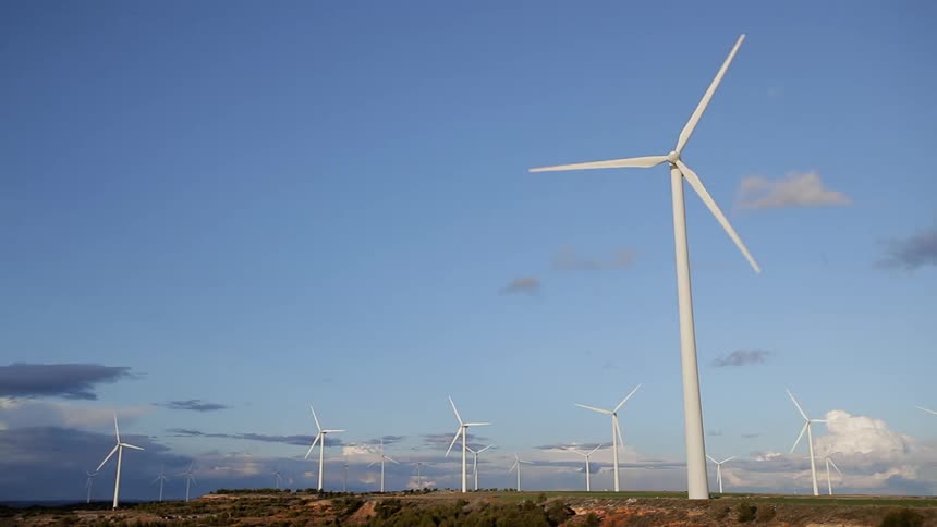 The blades of several wind turbines turn on a sunny day