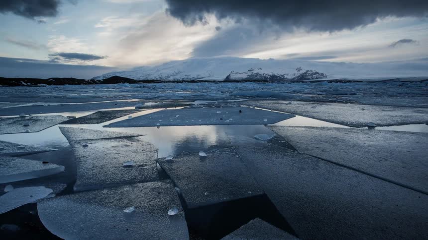 Ice floats on the surface of the water