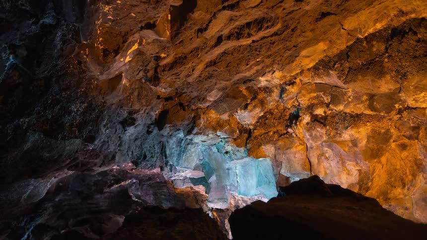 Ice covers a cavern ceiling