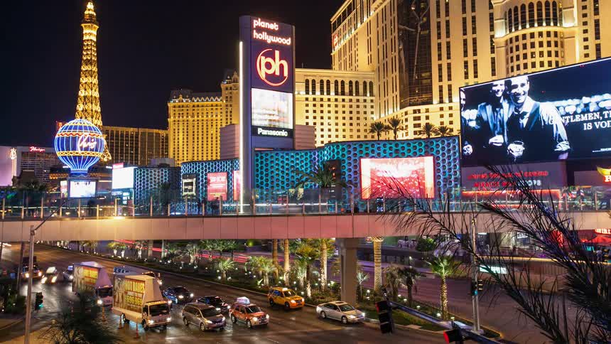 Cars drive on the las vegas strip at night