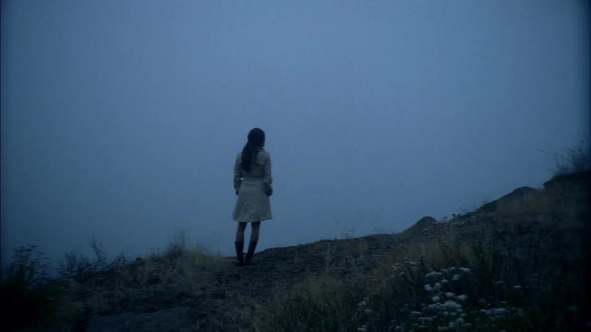 A woman stands alone on a hillside